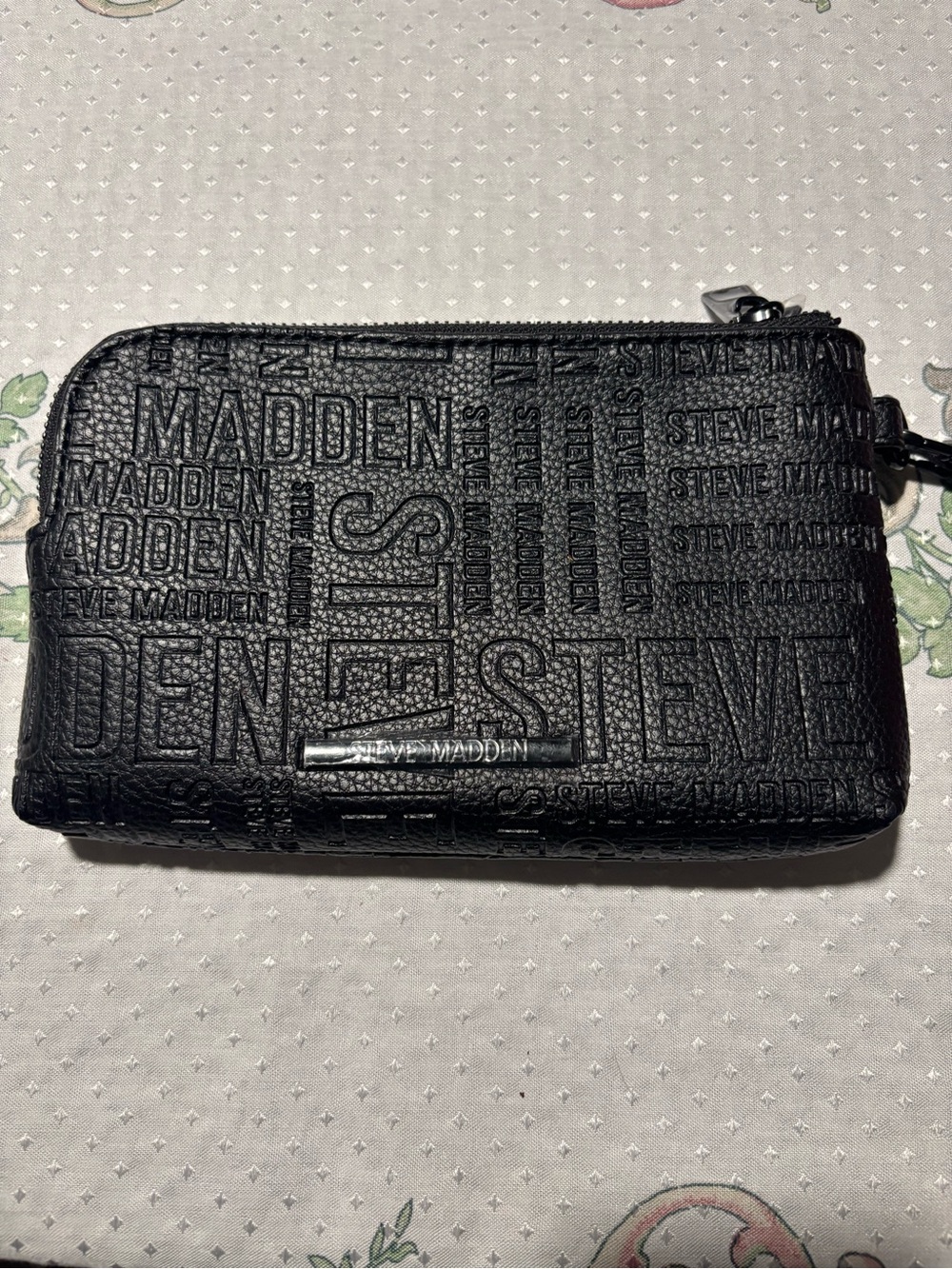Steve Madden Black Embossed Logo Zip Wallet
